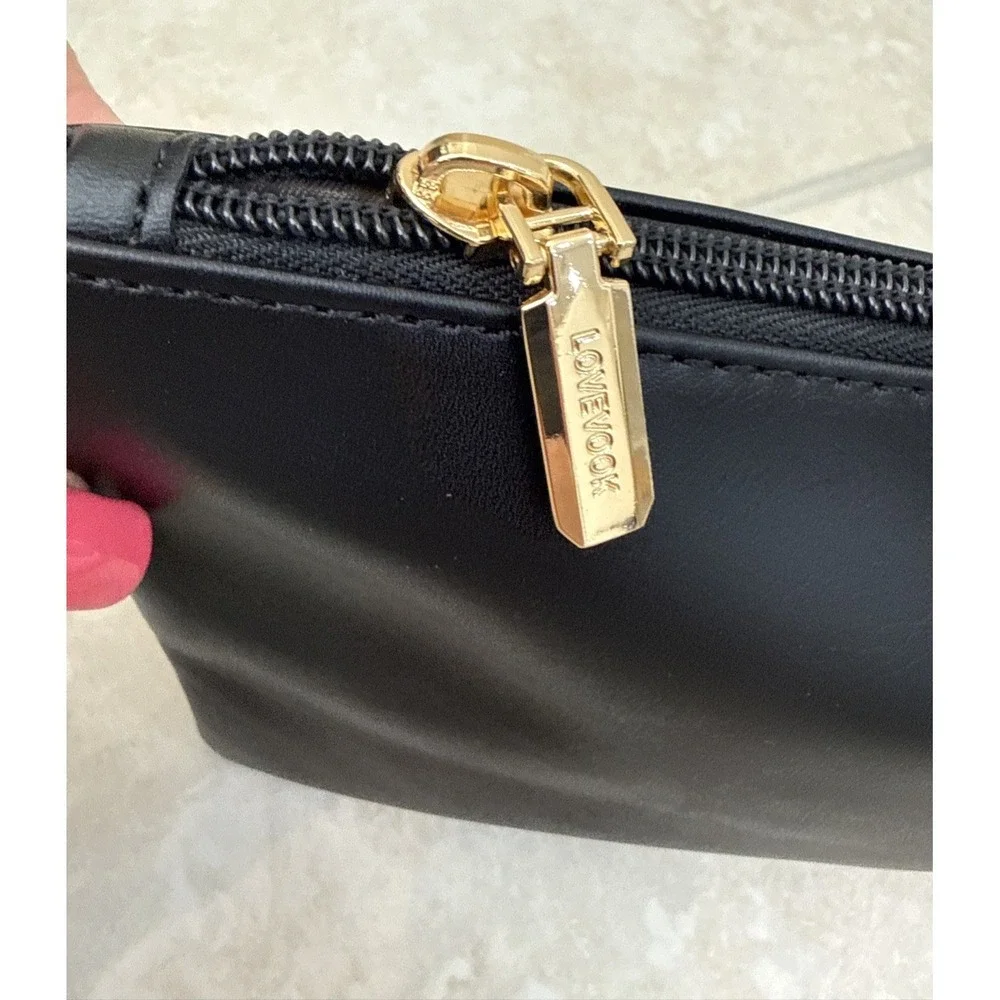 Lovevook Black Vegan Leather Logo Lined Gold Hardware Wristlet New